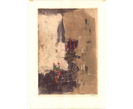 Aquatint etching print on paper depicting an abstract expressionist style image. Depicts muddy swaths, embossed circular impr