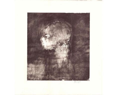 Tonal black and gray print on paper with deckled edge. Print depicts a profile portrait of a person's head and neck. Print is