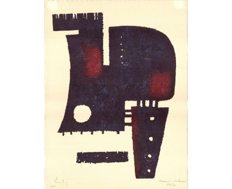 Title: Humain-Sur Humain. Color etching print on paper depicting an abstracted geometric image. Color is a deep ocean blue wi