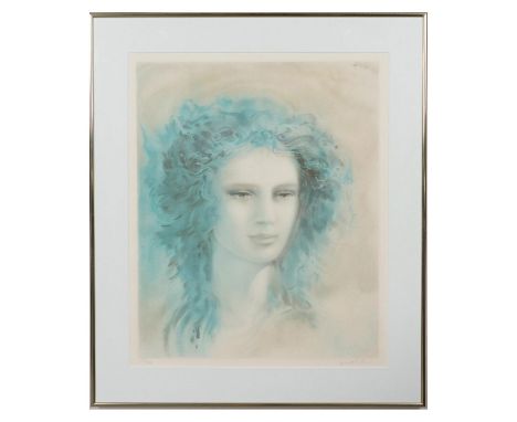 Housed in a gold tone metal frame with a pale blue mat. Depicts a surreal portrait of a woman. Signed in pencil on the lower 
