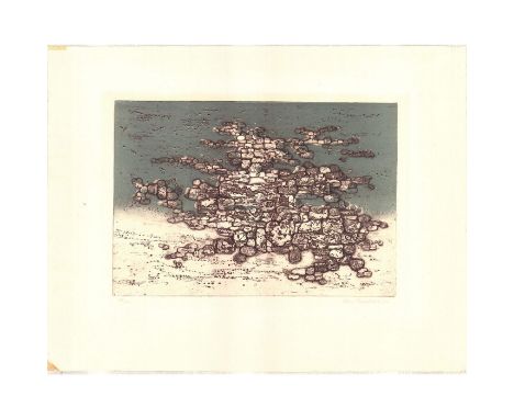 Aquatint etching print on paper. Print has an impressed pebbled texture with tonal gray and black outlines and a gradated dar