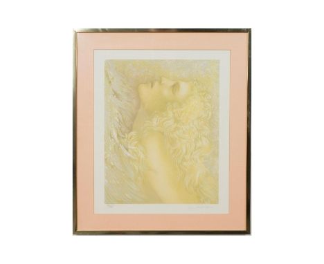 Housed in a gold tone metal frame with a pink mat. Depicts a surreal portrait of a woman. Signed in pencil on the lower right