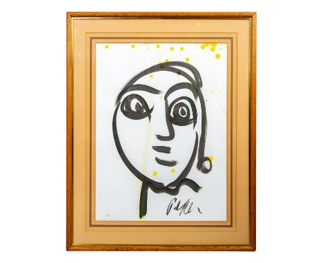 Contemporary abstract portrait with yellow dot accents. Signed lower right. Measures 35" x 29" including frame, each artwork 