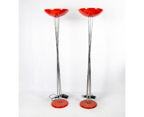 Pair of retro style floor lamps with bold red painted metal shades and bases. Center pipe construction consists of twisted ch
