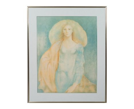 Housed in a gold tone metal frame with a white mat. Depicts a portrait of a woman in a blue dress. Artist Proof edition 'EA' 