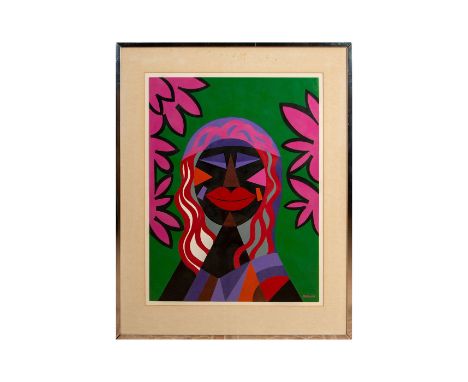 Acrylic painting on paper attached to cardboard. Contemporary folk art style portrait of a black girl with red lipstick. Arti