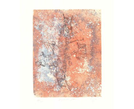 Title: Signe du Feu (translated from French: Fire Sign). Print depicts an abstract impressionist style image with black line 