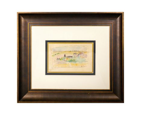 This exceptional watercolor and graphite on paper with tones of greens, ocher and light blues represents a French village obs