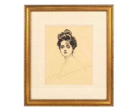 Beautiful gestural portrait of one of the Gibson girls with messily coifed hair and seductive facial expression. Pencil signe