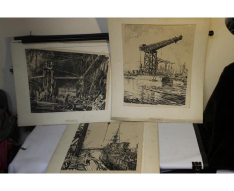 THREE MOUNTED LITHOGRAPHS MUIRHEAD BONE" TITLED "A FITTING-OUT BASIN", "A WORKSHOP", AND "READY FOR SEA"&nbsp;