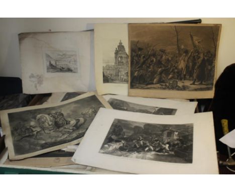 A TRAY OF UNFRAMED ENGRAVINGS ETC., various artists and subjects to include H. Singleton, F. Trumbell, R. Smirke, Rossini, Pi