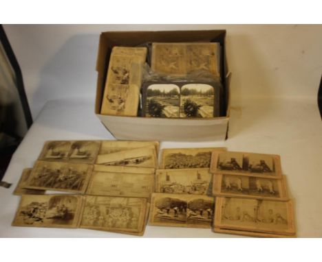 A BOX OF VINTAGE STEREOSCOPE CARDS, to include military types&nbsp;