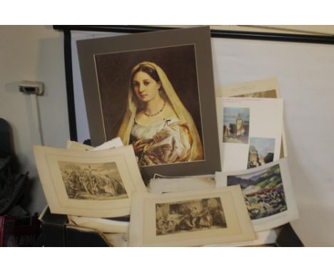 A QUANTITY OF PRINTS, ENGRAVINGS AND EPHEMERA to include a "Florence Nightingale Aprons" certificate (A/F), local interest en