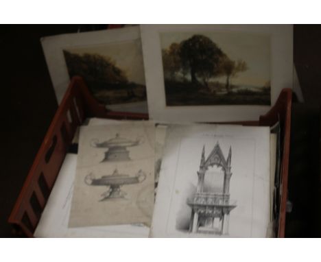 A TRAY OF UNFRAMED ENGRAVINGS AND ETCHINGS ETC., various artists and subjects to include R. Dalton, Lalaisse, J. D. Harding, 