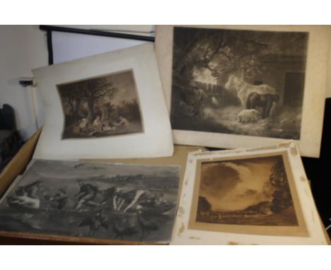A TRAY OF UNFRAMED ENGRAVINGS AND ETCHINGS ETC., various artists and subjects to include Rosa Bonheur, F. R. Lee, P. Zuccarel