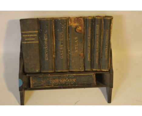 AN OAK MINIATURE BOOKSHELF WITH SET OF ASPREY &amp; CO. LTD. REFERENCE LIBRARY BOOKS, comprising Encyclopaedia, Gazetteer, At