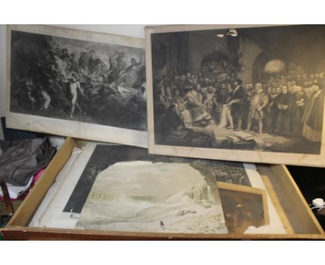 A TRAY OF UNFRAMED ENGRAVINGS ETC. various artists and subjects to include Corregio, D. teniers, D. R. Volaterranus, H. Brown