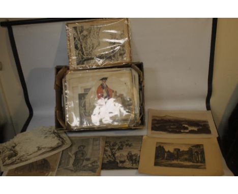 A SMALL BOX OF PRINTS AND ENGRAVINGS to include 'Goodes New Characters No. 3', various old master style drawings, prints etc