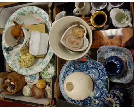 Two boxes of miscellaneous china to include Copeland Spode blue & white condiments tray, wash bowl, Portmeirion, planter, and