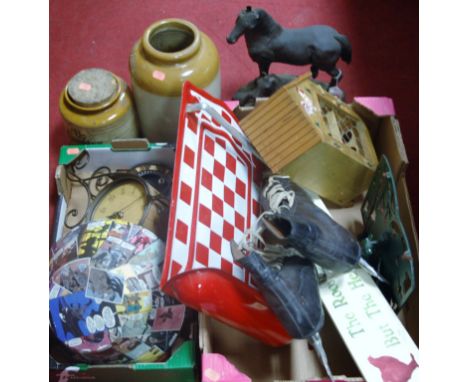 Three boxes of miscellaneous items, to include; early 20th century painted plaster portrait plaque, pictures & prints, pair o