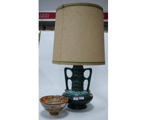 A 1970s green glazed twin handled pottery lamp base with shade, together with Kersey Pottery footed bowl (2)