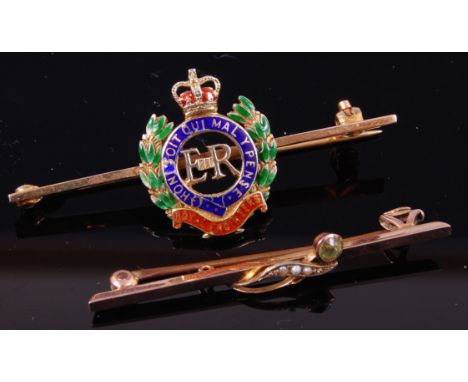 A 9ct gold, peridot and seed pearl set ladies bar brooch; together with an Elizabeth II 9ct gold and enamel bar brooch, gross