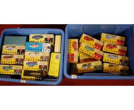 Two boxes containing a large quantity of mainly Vanguards 1/43 scale modern issue diecast, to include; Ford Anglia, Ford 100E