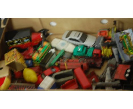 A box of mixed playworn diecast and tinplate items, to include; Dinky, Brimtoy, Corgi etc 