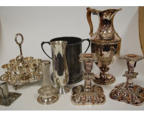 A box of miscellaneous metalware, to include; R Delavan Art Nouveau hammered pewter candlestick, pewter loving cup, Old Sheff