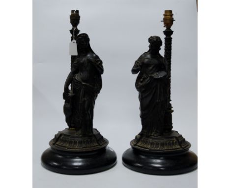 A pair of early 20th century **BRONZE** figural table lamp bases each in the form of a classical maiden, height 49cm includin