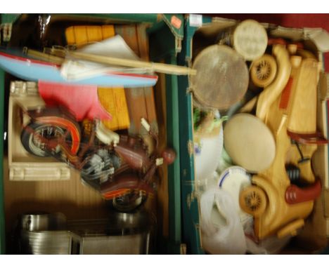 Two boxes of mixed effects to include a large scale model of a wooden open topped touring car, a painted pond yacht and hide 