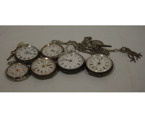 A circa 1900 engraved silver cased open faced ladies fob watch, having an enamel dial set with Roman numerals; together with 