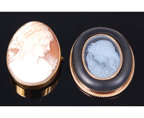 A carved shell cameo brooch, as a profile portrait of a maiden, in 9ct gold mount, 4cm; together with a pate-sur-pate style c