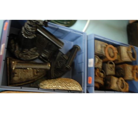 Two boxes of cast effects to include scale weights, irons, and boot scraper etc