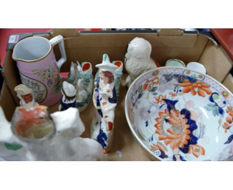 A box of miscellaneous items to include large Staffordshire bowl (a/f), various Victorian Staffordshire figures, early 19th c