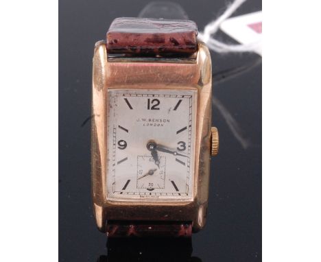 A Benson 9ct gold cased Tank watch, having signed silvered dial, subsidiary seconds dial, and manual wind movement, w.22mm (e