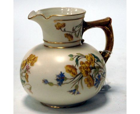 A circa 1900 Worcester porcelain jug decorated with sprays of flowers within gilt borders, puce mark verso, registration No. 
