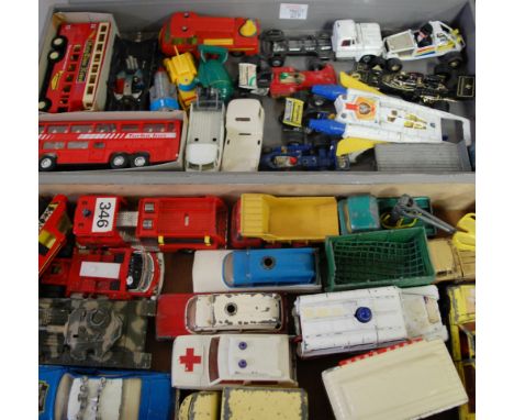 Two trays of mixed playworn Corgi toys, to include; Lucozade carrier bantam delivery van, JPS Formula 1 racing car etc 