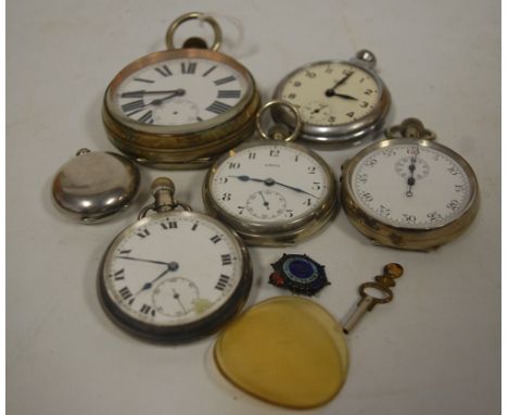 A circa 1900 nickel cased Goliath pocket watch having an enamel dial with Roman numerals and subsidiary seconds dial together