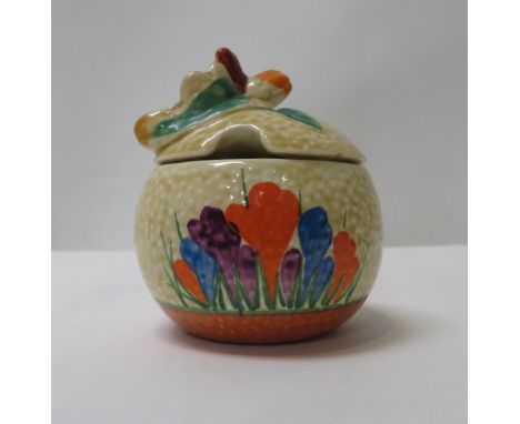 A Clarice Cliff bizarre crocus pattern preserve jar and cover