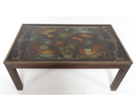 A retro rectangular glass topped Globe" coffee table having brass edging 44cm high  104.5cm wide"