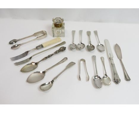 Four Georgian silver tea spoons, one bright cut decorated; a silver dessert knife; a modern silver tea spoon; a small selecti