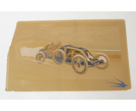 Ernest Montaut, an early 20th century hand stencilled coloured lithograph, showing the Grand Prix with a bluebird in the righ
