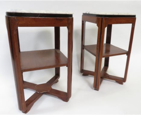 A pair of Art Deco style teak bedside tables with loose grey marble tops and single shelf, 65cm high