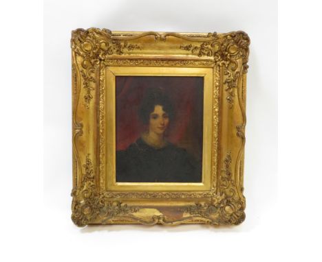 19th century English School - Half length portrait of a lady, oil on board, unsigned, in decorative gilt gesso frame, old lab