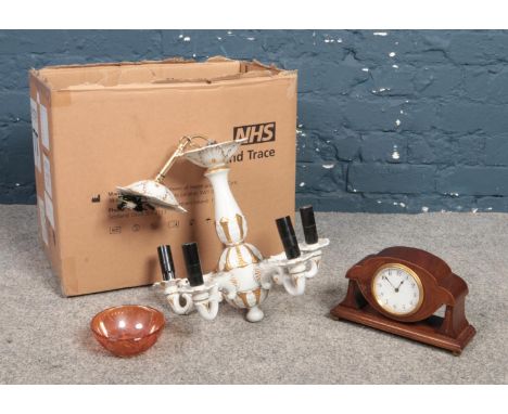 A box of miscellaneous. Italian 5 arm chandelier, Buren mantle clock etc.  