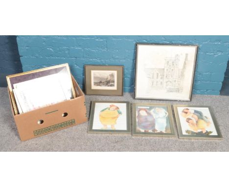 A box of assorted framed prints. To include John Western  limited edition print of Uppingham School signed in pencil 241/850 