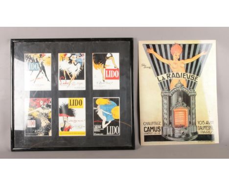 Six framed prints of vintage Cabaret Shows from 'Lido of Paris' along with a metal printed advertising sign (La Radieuse). Me