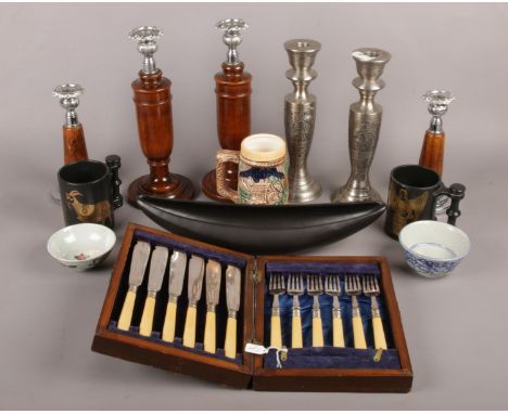 A quantity of miscellaneous. Including wooden and silver plate candlesticks, oriental ceramic tea bowls, cased set of knives,