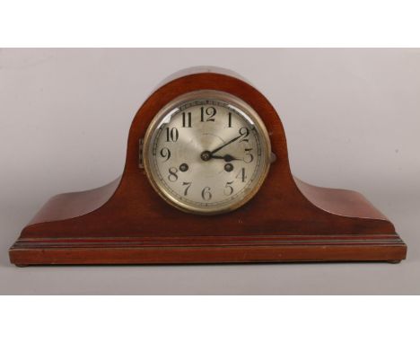 A vintage oak cased Napoleon hat mantle clock.  with key &amp; pendulum, working